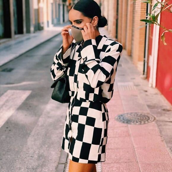 Mango Check Button Shirt Dress Black White New - Picture 4 of 10